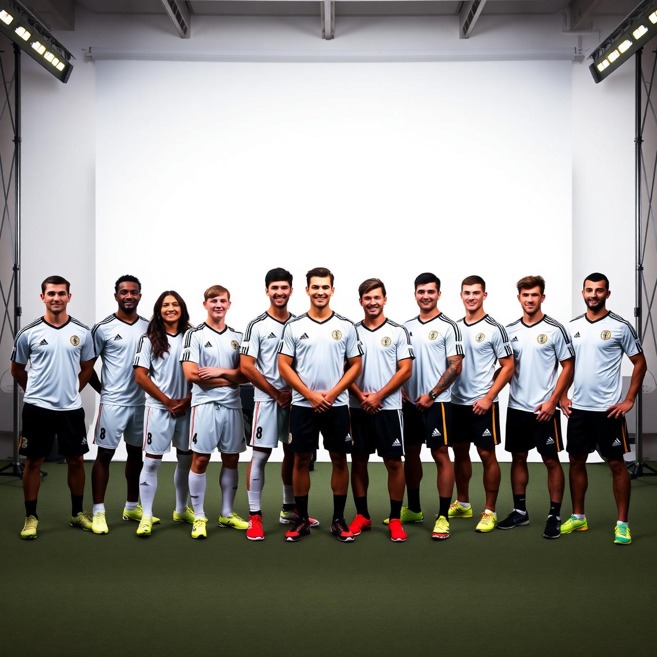 Soccer team posing in front of a large cyclorama wall in H1 Studio